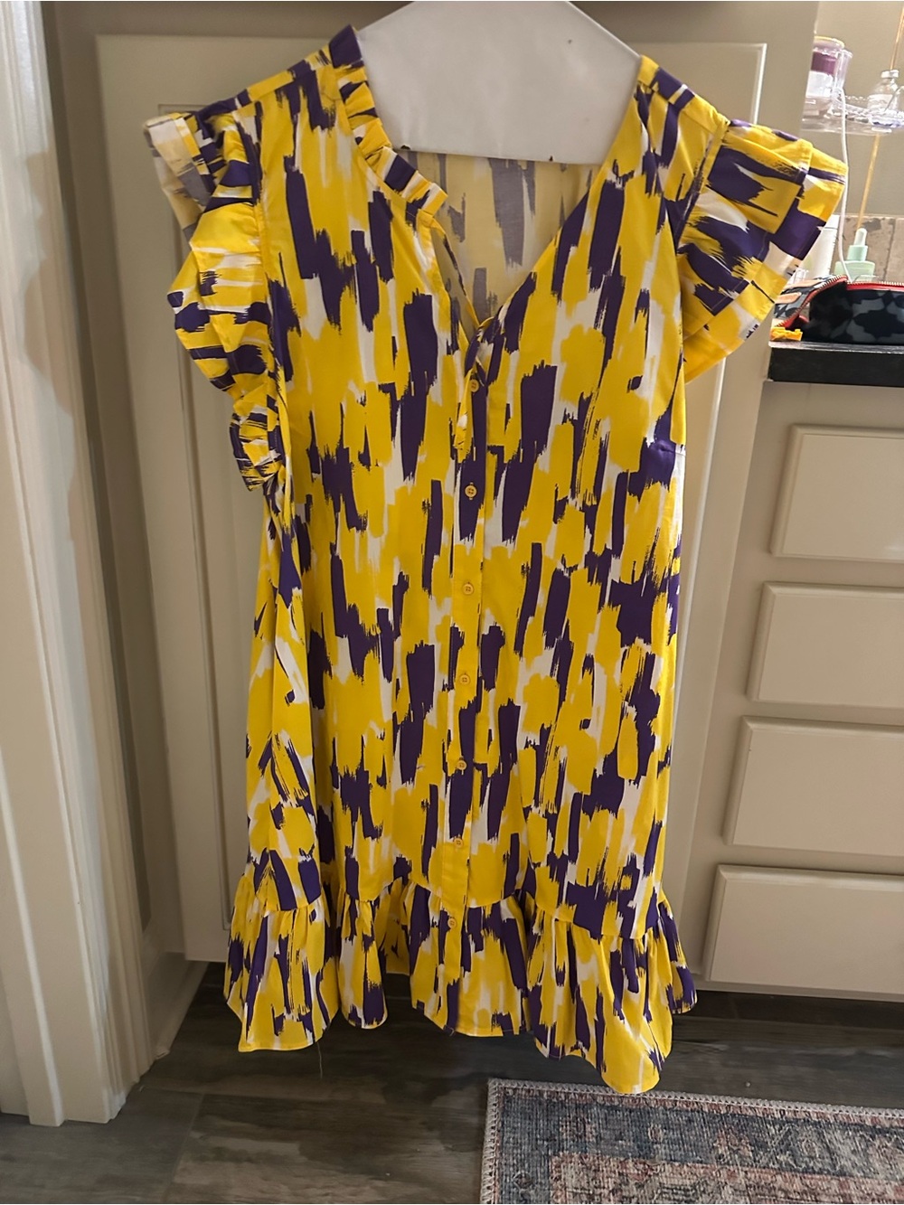Yellow & Purple Brushstroke Ruffle Mini Dress